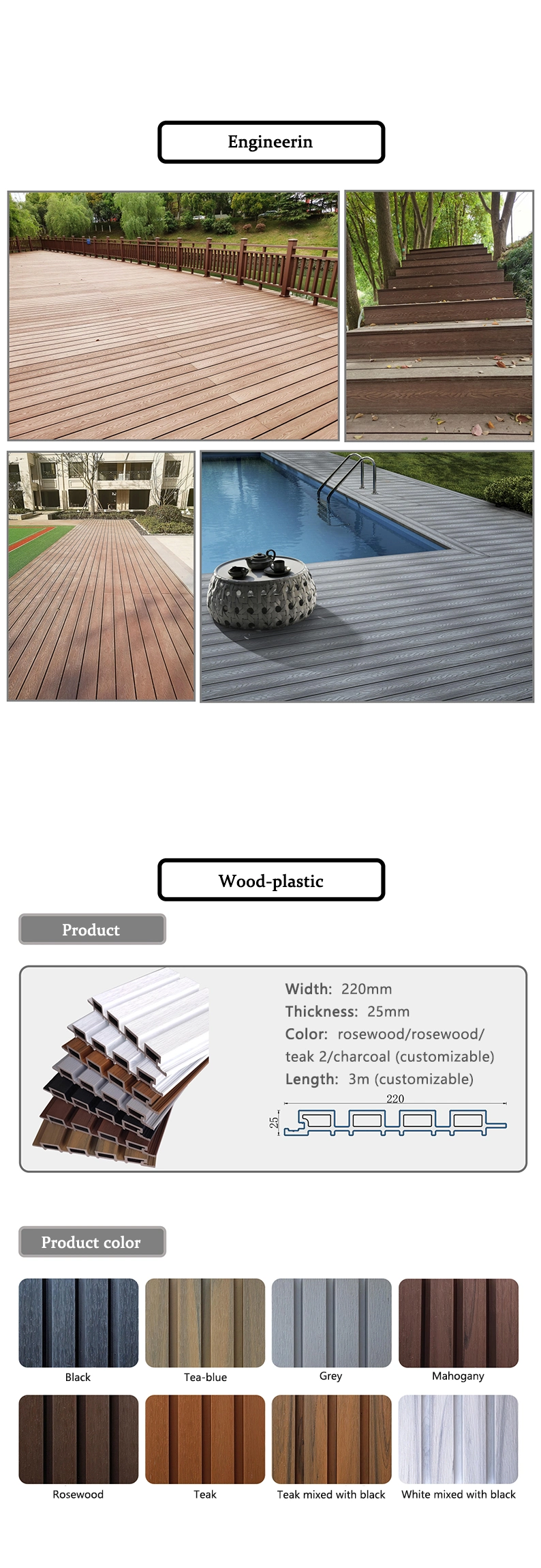 WPC Decking 3D Embossed Wood Grain Outdoor Wooden Plastic Composite Flooring